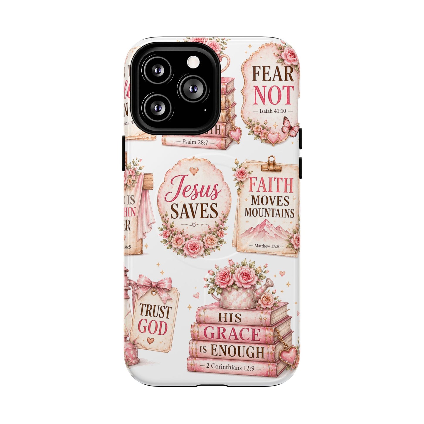 Christian Faith iPhone Tough Magnetic Case — 'Jesus Saves' Floral Scripture Design (Fear Not, Faith Moves Mountains)