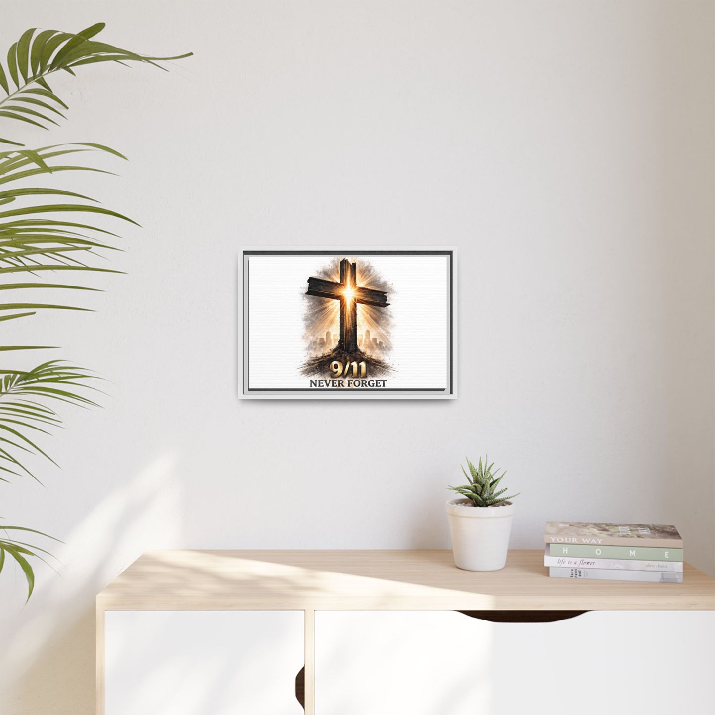 9/11 Never Forget Framed Canvas Wall Art — Memorial Cross Tribute