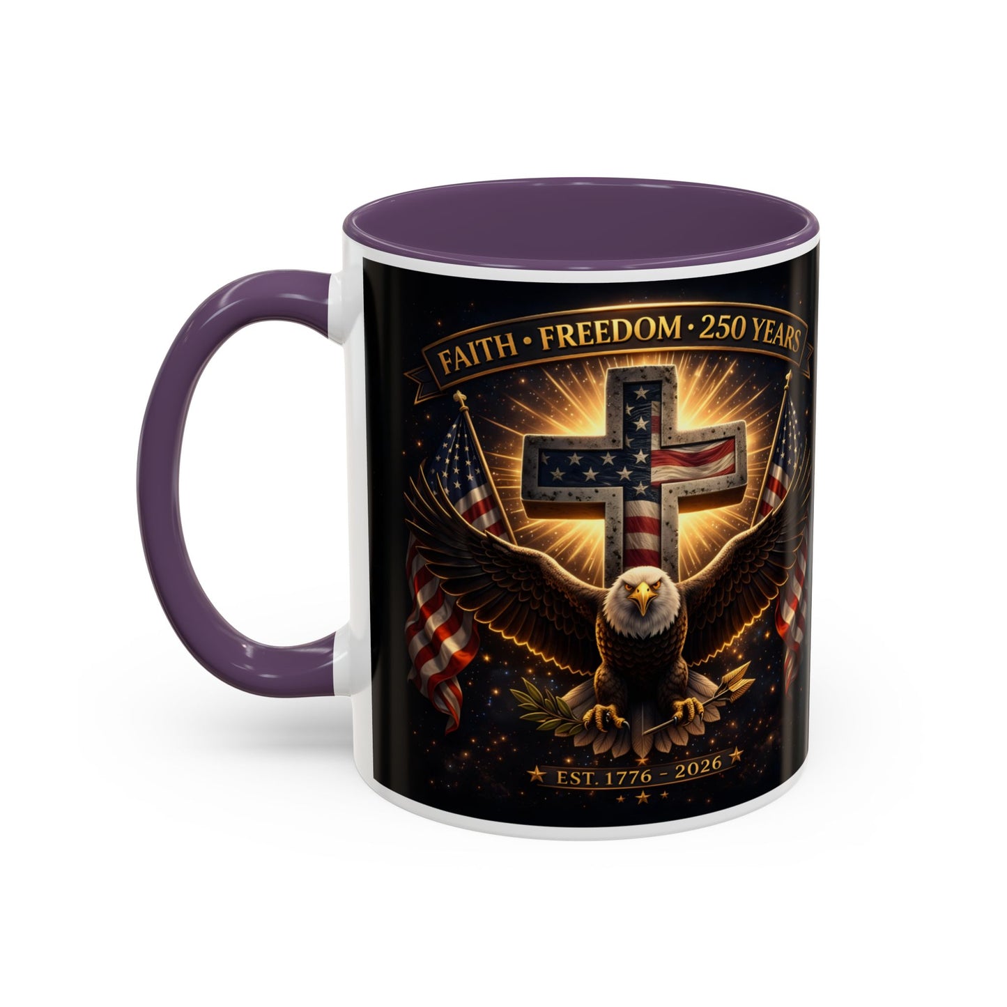 Patriotic Faith & Freedom Accent Coffee Mug — Eagle, Cross & American Flag (1776–2026)