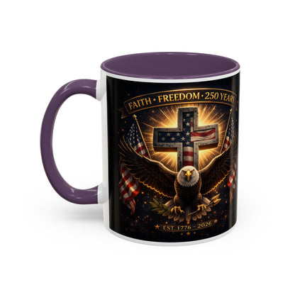 Patriotic Faith & Freedom Accent Coffee Mug — Eagle, Cross & American Flag (1776–2026)