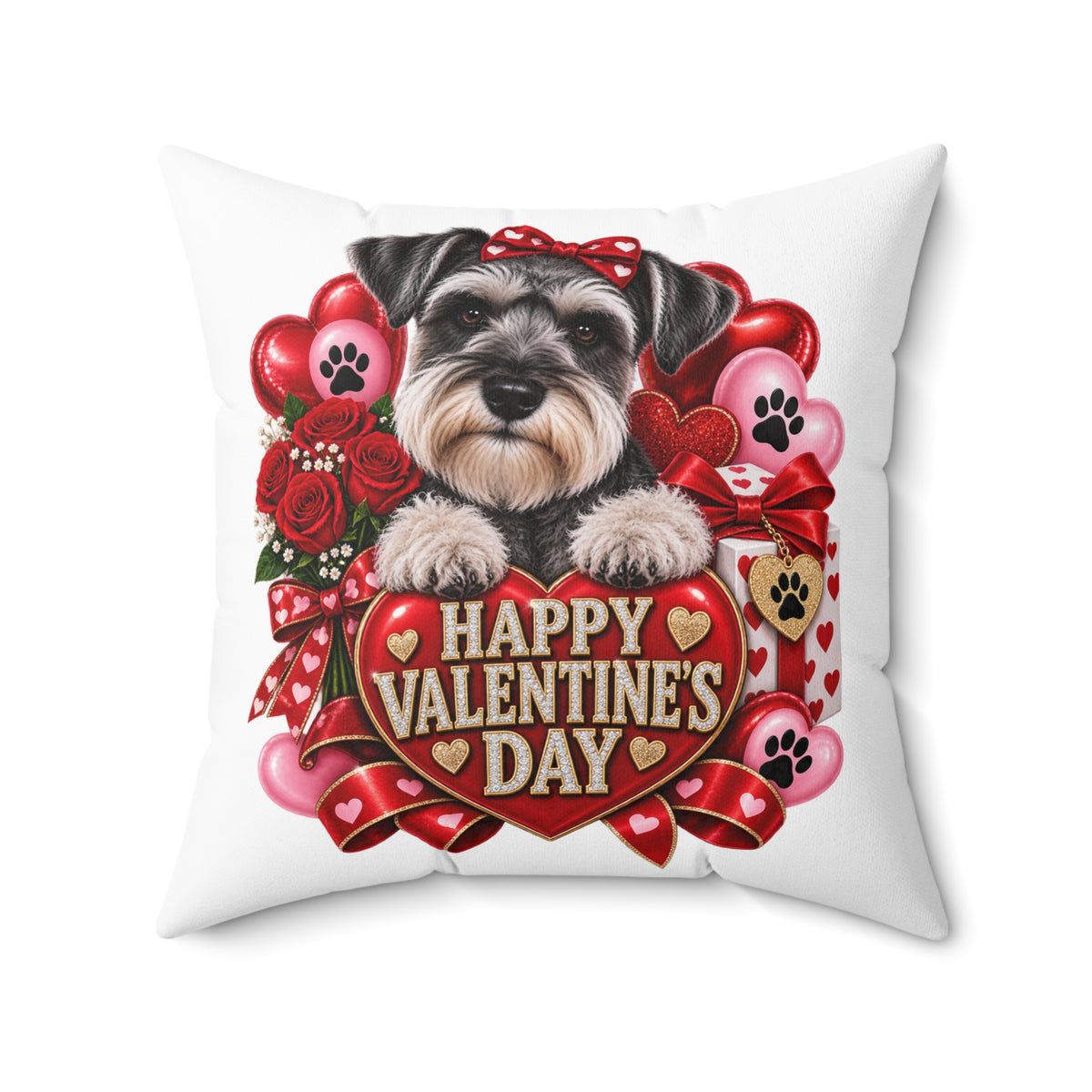Valentine's Day Schnauzer Pillow — "Happy Valentine’s Day" Decorative Throw Pillow