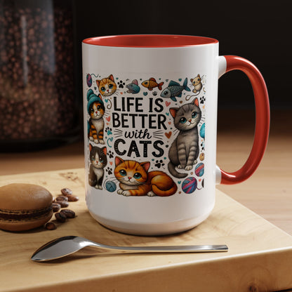 Life Is Better With Cats Accent Coffee Mug – Cute Kitten Ceramic Tea Cup (11/15oz)