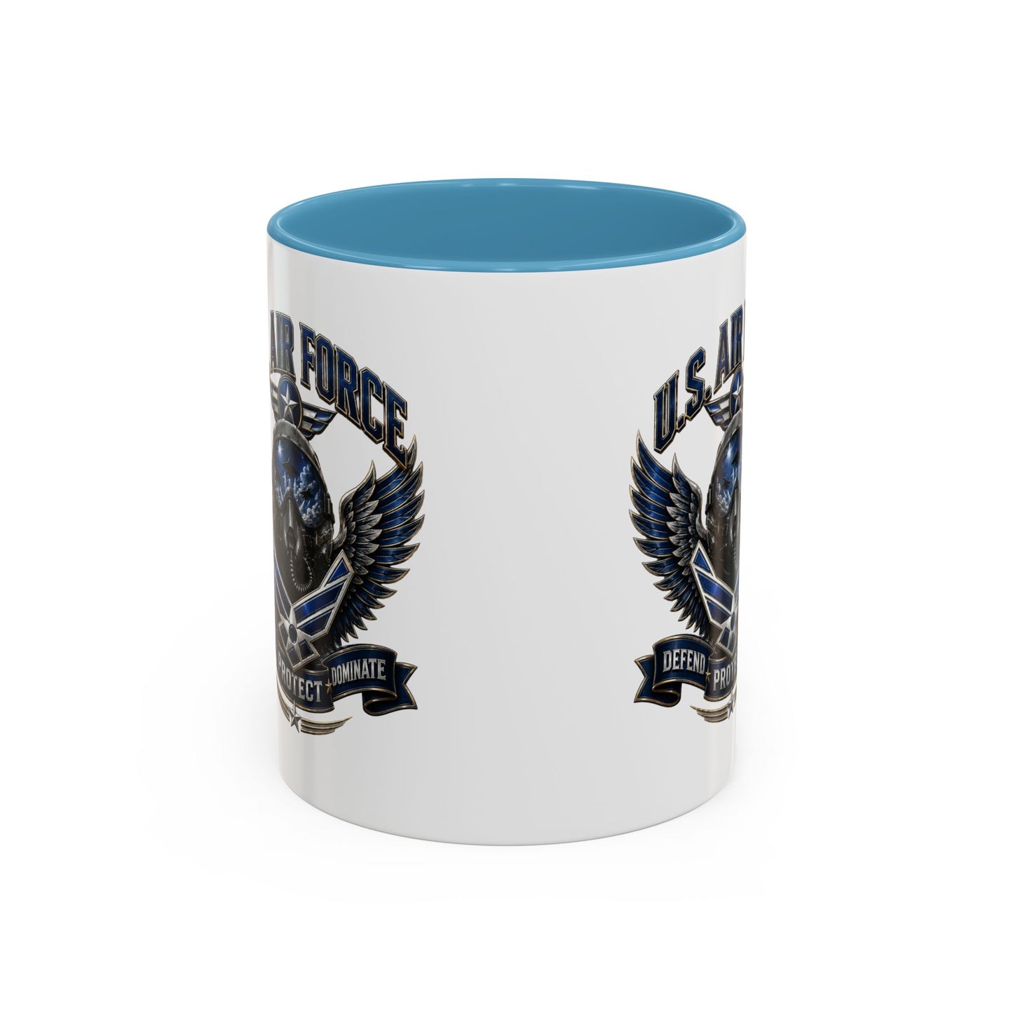 U.S. Air Force Emblem Accent Coffee Mug — Defend Protect Dominate (11/15oz)