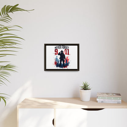 Never Forget 9/11 Framed Canvas Print — Patriotic Firefighter Memorial Art