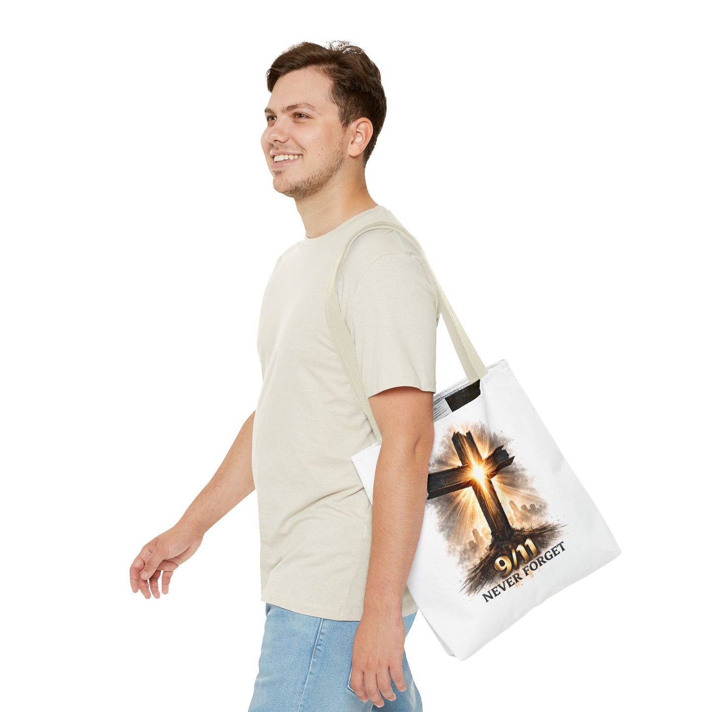9/11 Never Forget Cross Memorial Tote Bag — Patriotic Remembrance Shopper