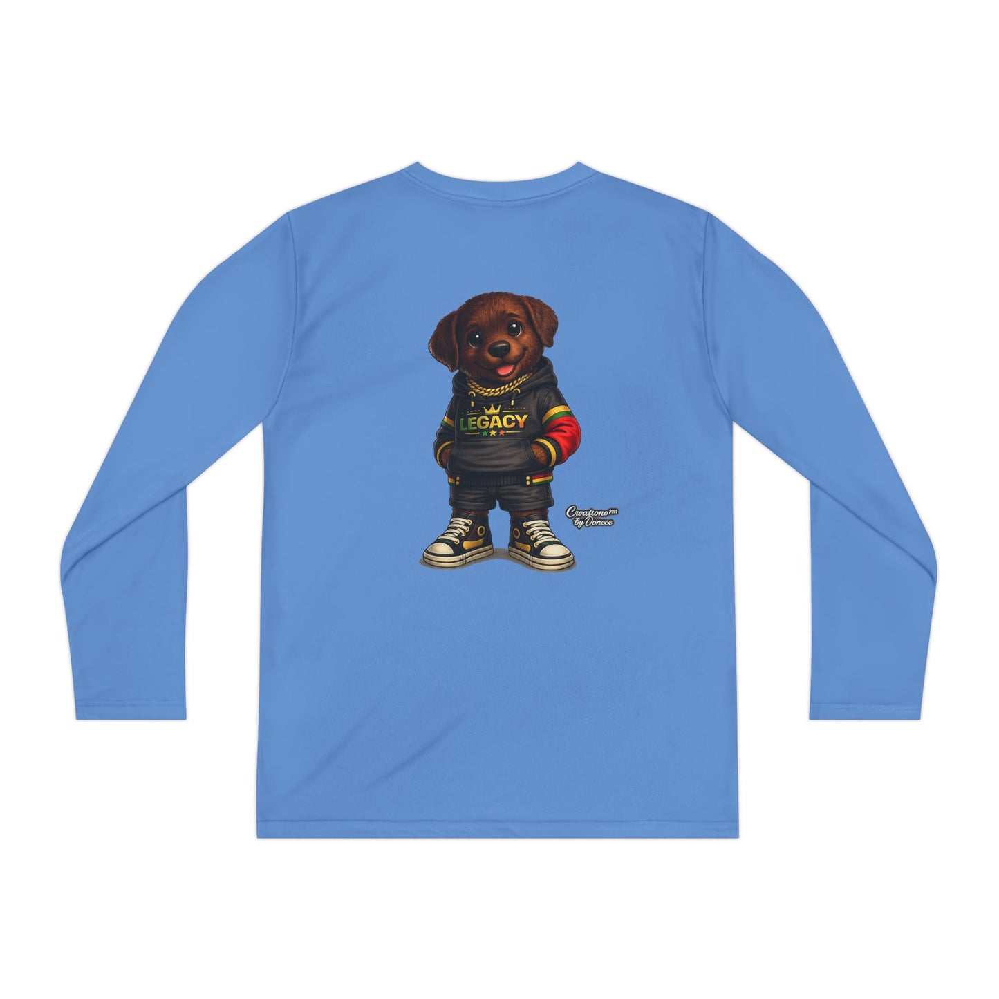 Kids Long Sleeve Tee — Brown Puppy Wearing 'Legacy' Hoodie Graphic
