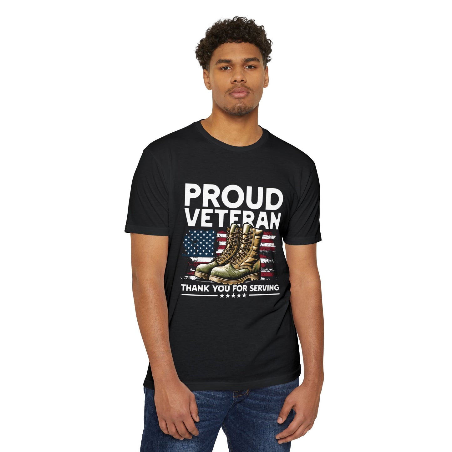 Proud Veteran T-Shirt — "Proud Veteran" with Military Boots & American Flag — Thank You for Serving