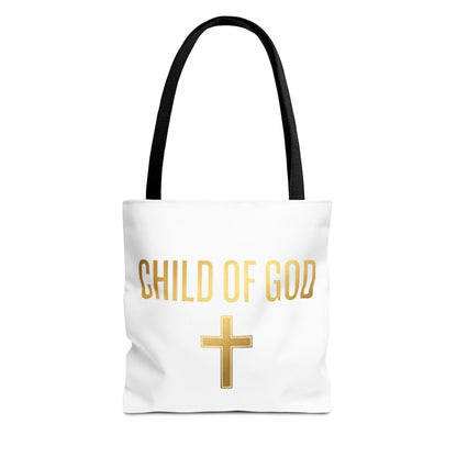 Child of God Tote Bag — Gold Cross Religious Canvas Tote