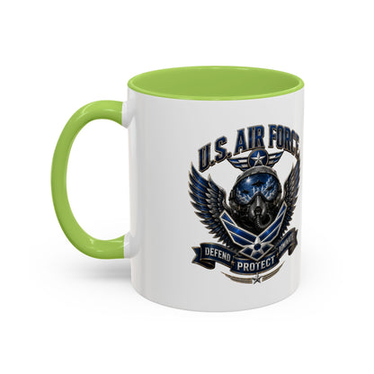 U.S. Air Force Emblem Accent Coffee Mug — Defend Protect Dominate (11/15oz)