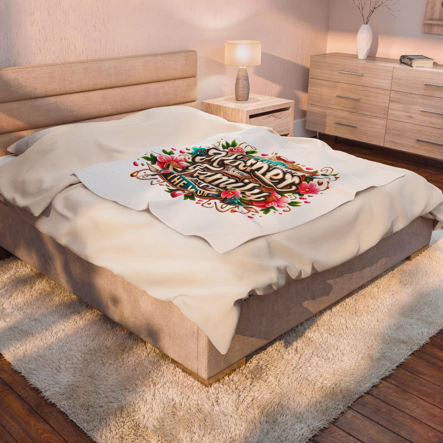 Mother & Family Velveteen Plush Blanket – "To the World You Are a Mother" Floral Throw (Mother's Day Gift)