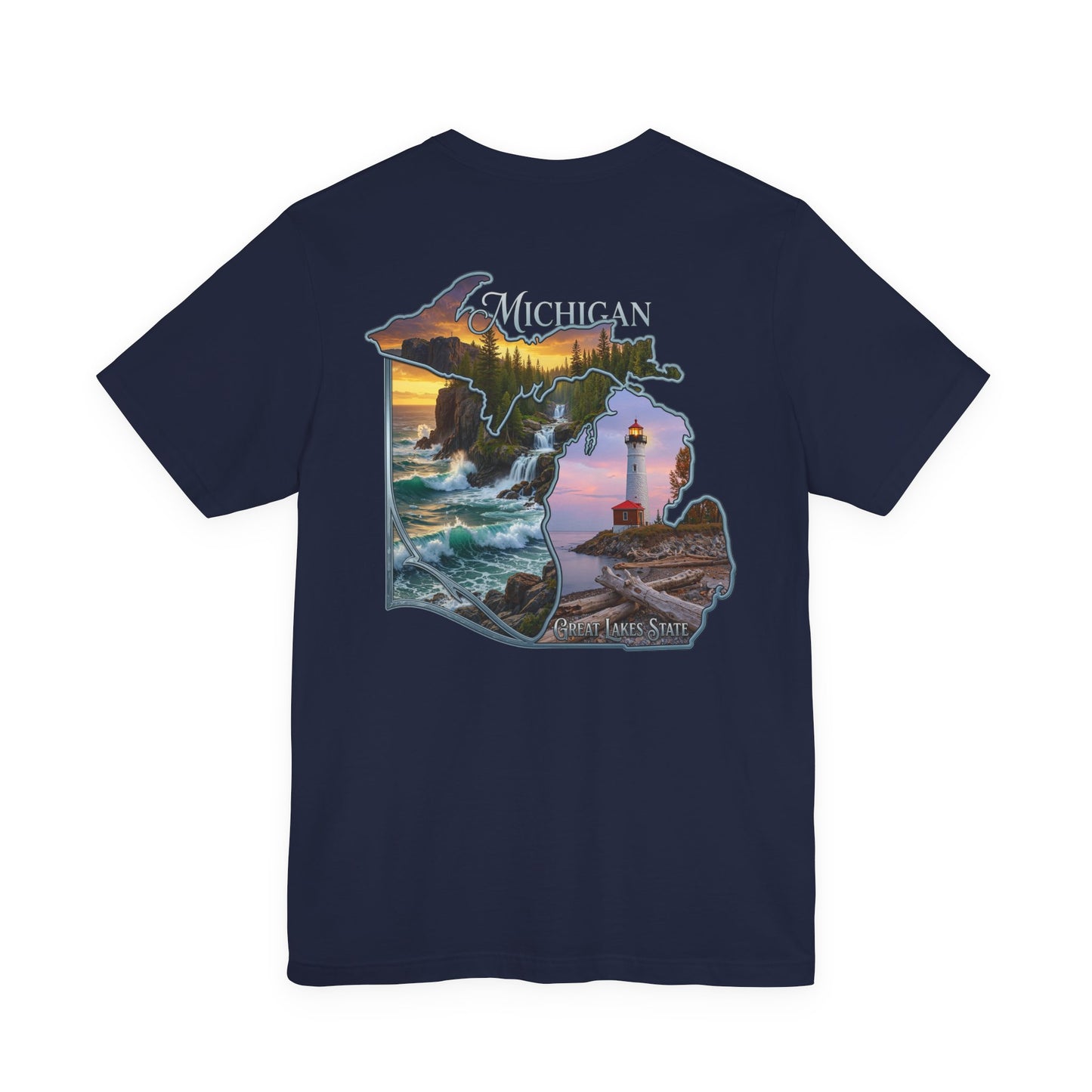 Michigan Scenic Map T-Shirt — Great Lakes Lighthouse Sunset Tee