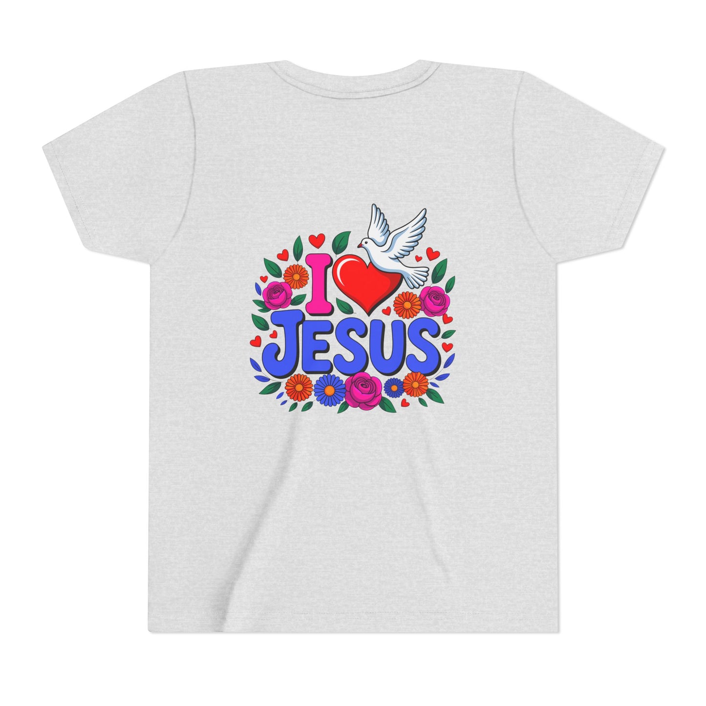 Youth Tee — "I  Jesus" Colorful Dove & Floral Christian Shirt