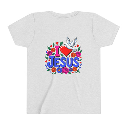 Youth Tee — "I  Jesus" Colorful Dove & Floral Christian Shirt