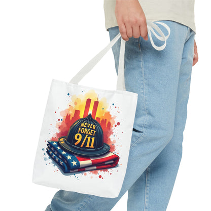 Never Forget 9/11 Memorial Tote Bag — Firefighter Helmet & Flag Tribute