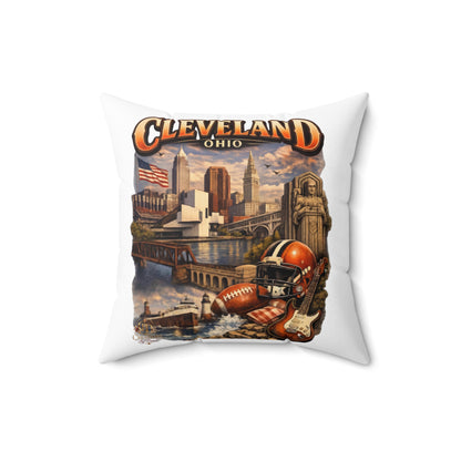 Cleveland Vintage Skyline Throw Pillow – Ohio Cityscape with Football & Rock Icons