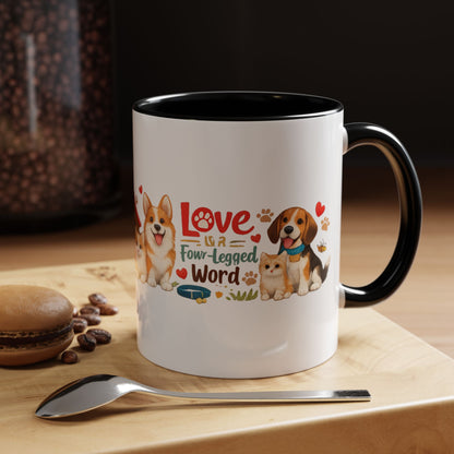 Dog Lover Accent Coffee Mug — “Love is a Four-Legged Word” Ceramic Gift
