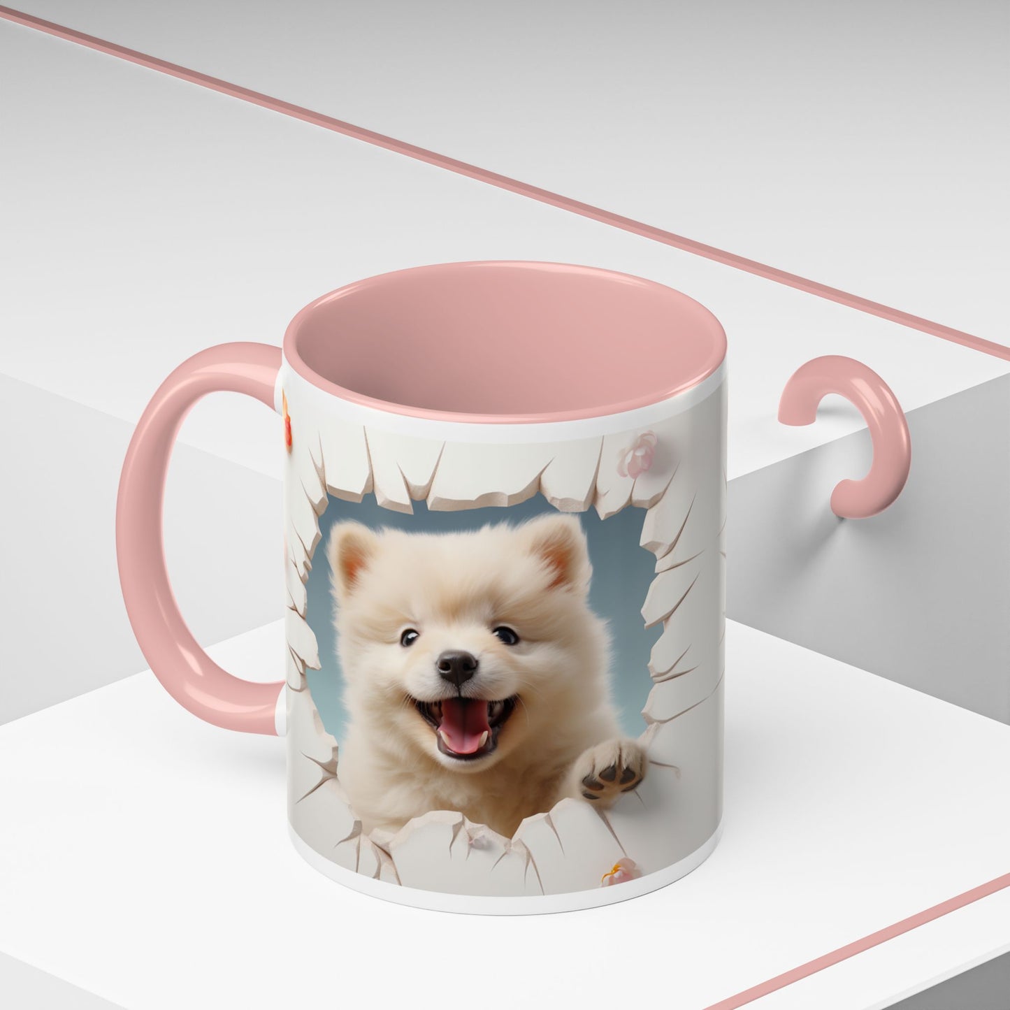 Pomeranian Peek Accent Coffee Mug — Cute Puppy Breakthrough Design (11/15 oz)
