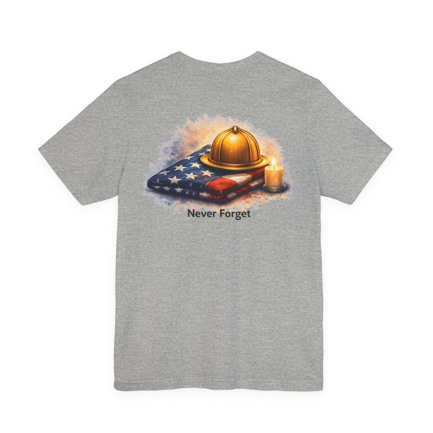 Never Forget Memorial T‑Shirt — Firefighter Helmet & Flag Tribute