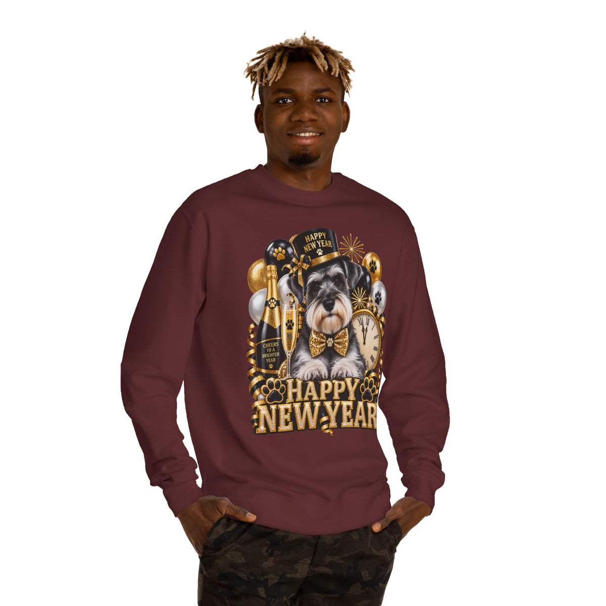 Happy New Year Dog Sweatshirt — Festive Paw Print NYE Crewneck