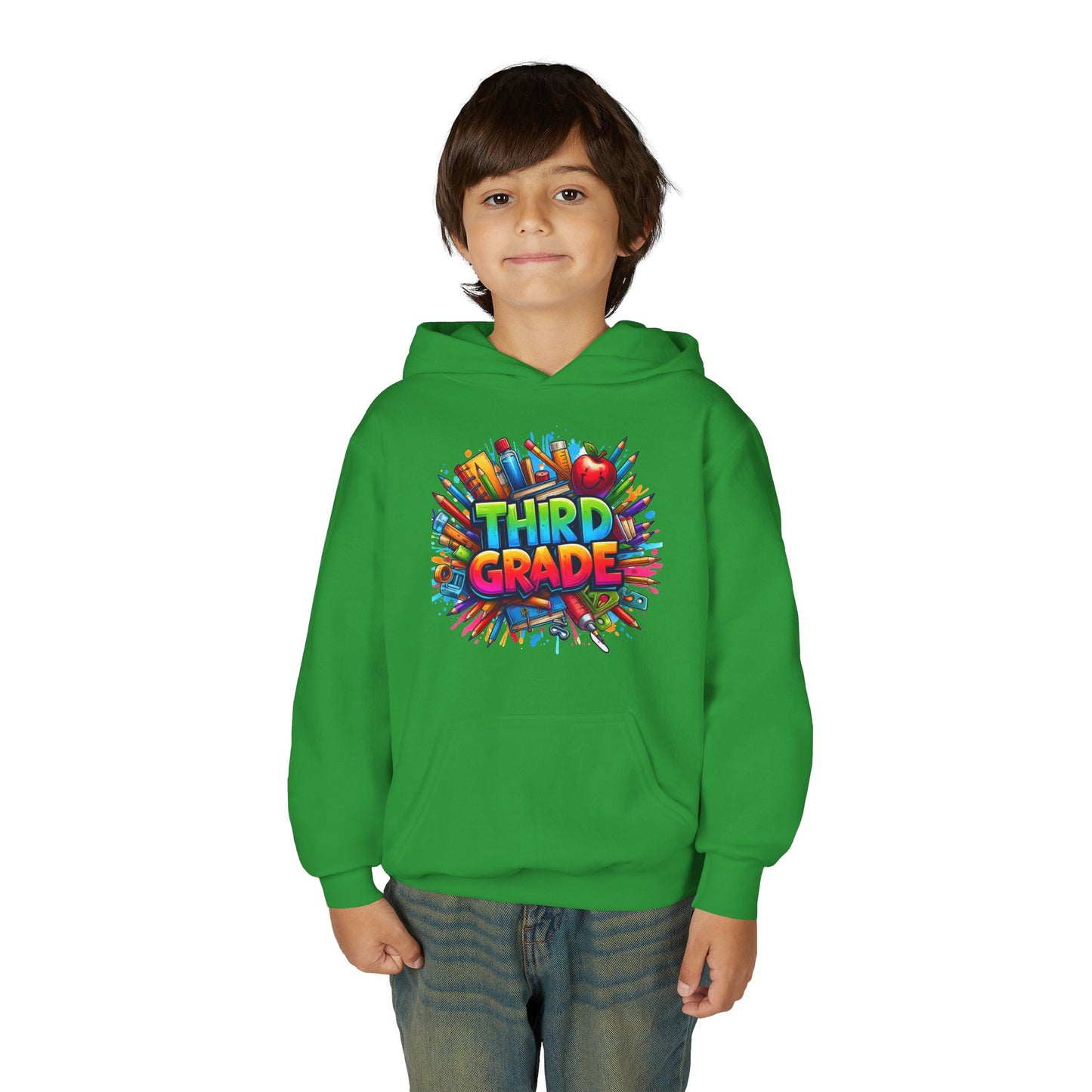 Third Grade Kids Hoodie — Colorful School Supplies Back-to-School Sweatshirt