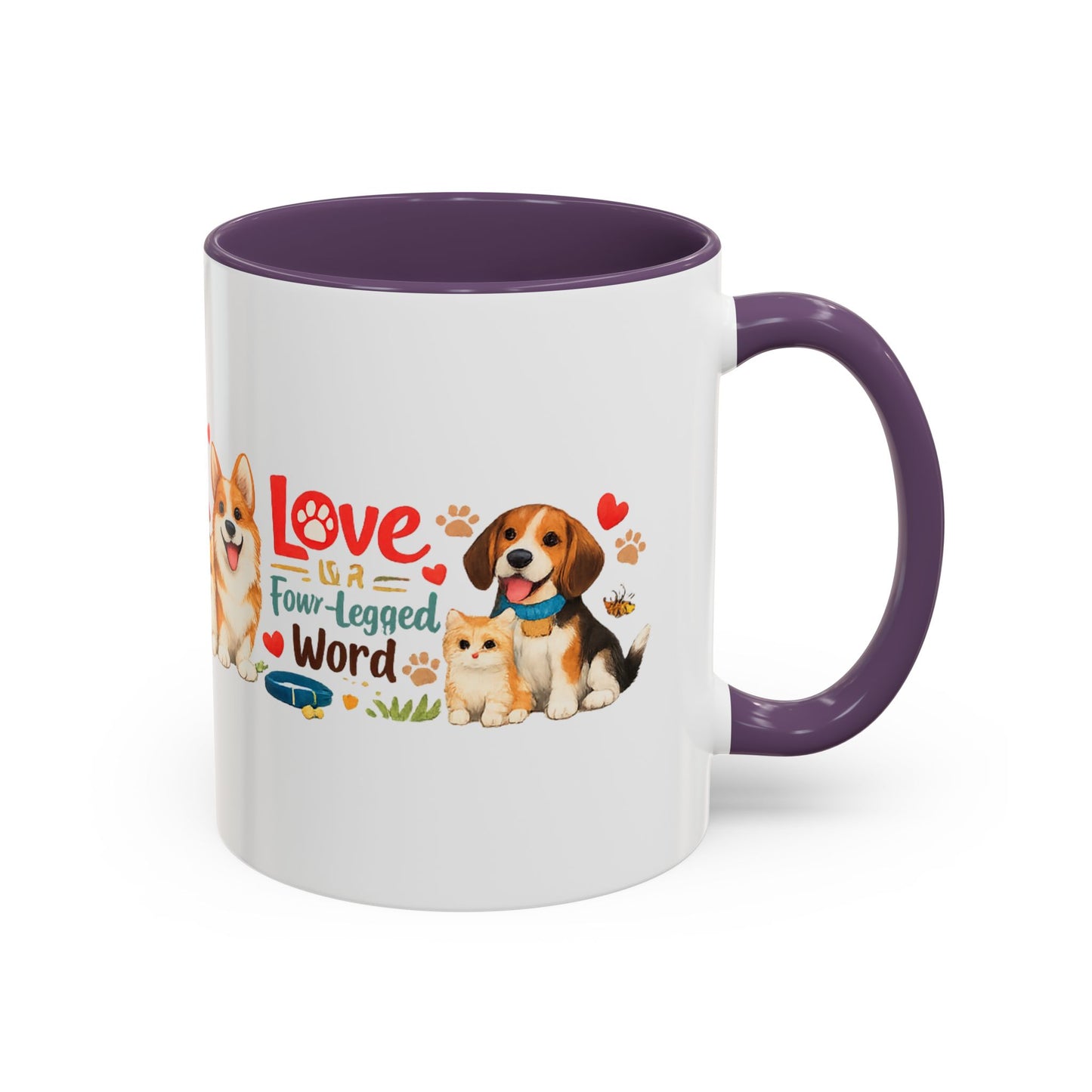 Dog Lover Accent Coffee Mug — “Love is a Four-Legged Word” Ceramic Gift