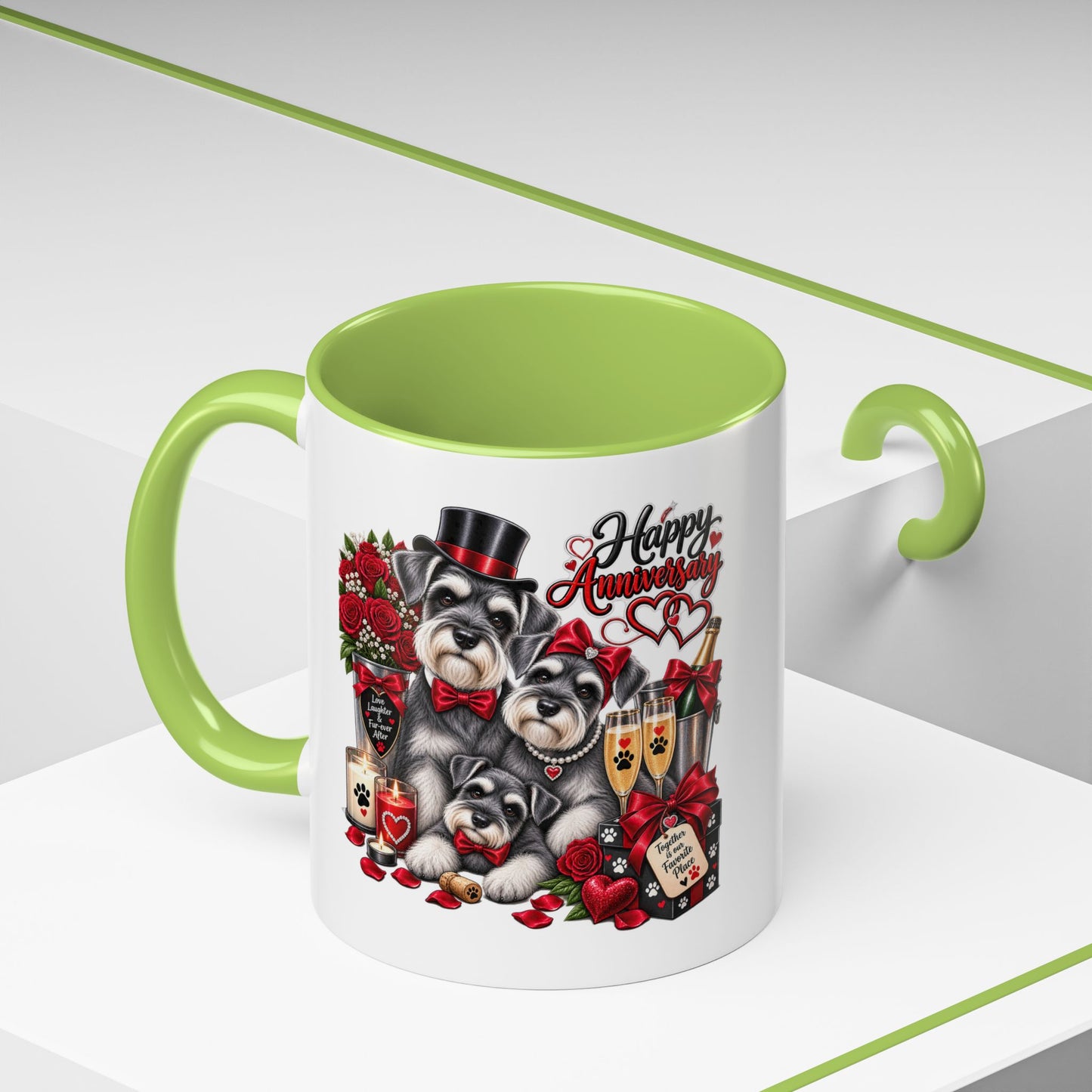 Happy Anniversary Dog Coffee Mug — Cute Pups, Champagne & Roses Accent Mug