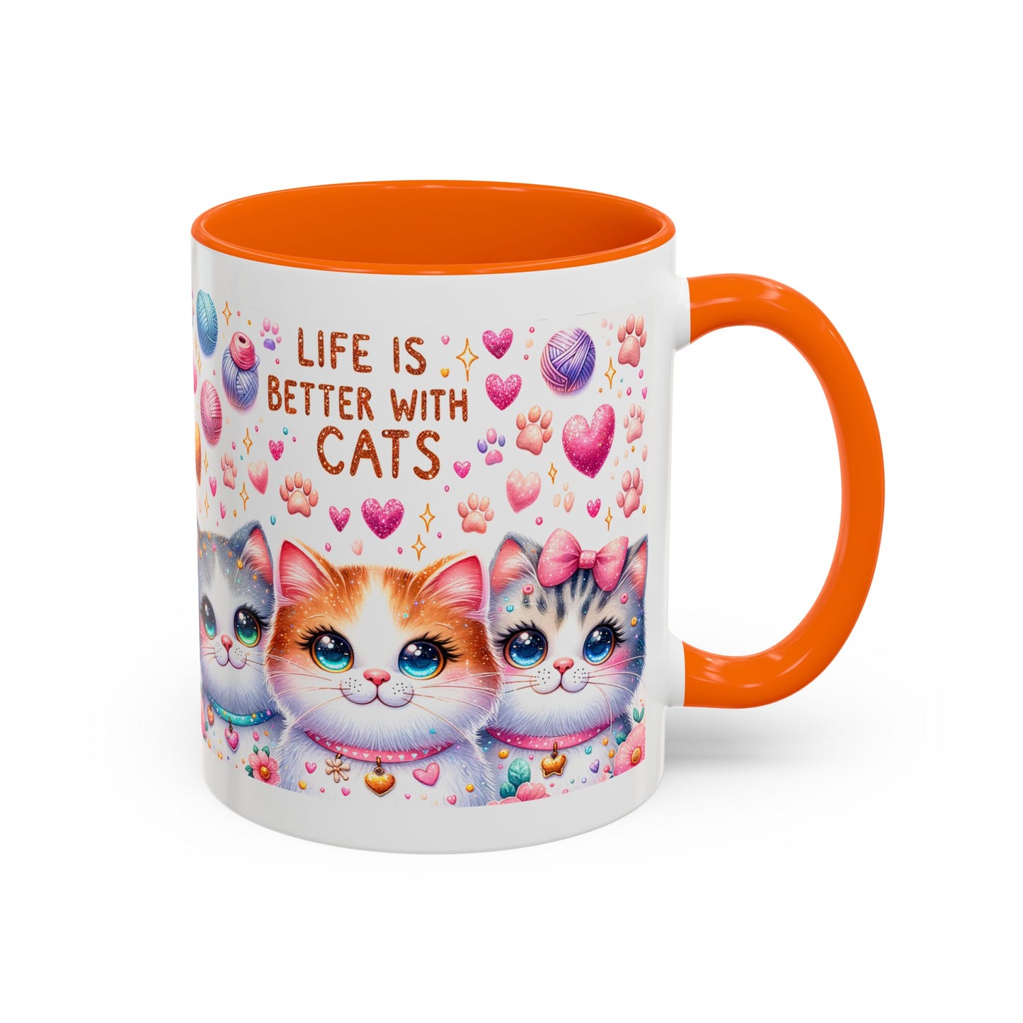 Cat Lover Accent Coffee Mug — "Life Is Better With Cats" Cute Kittens Design (11/15oz)