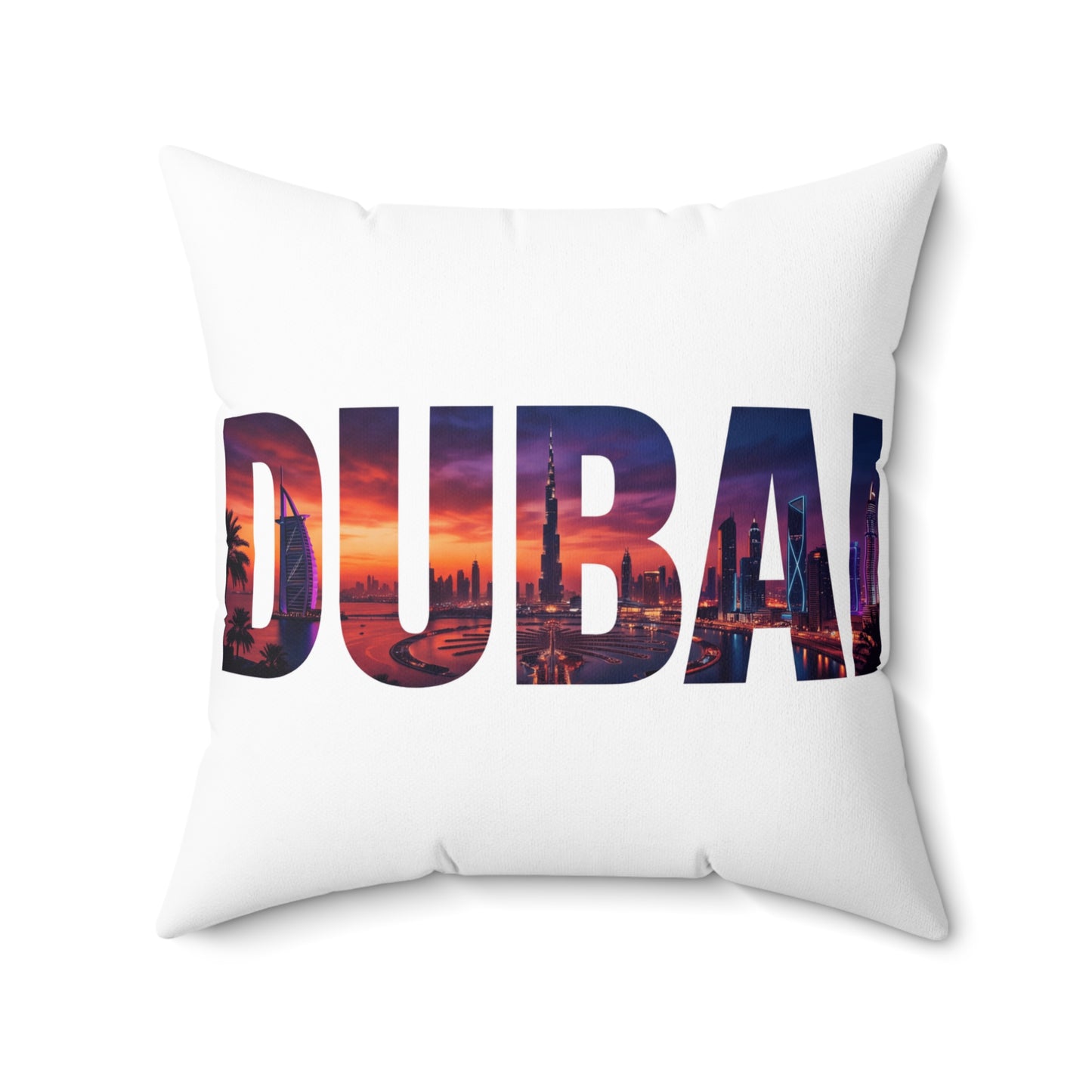 Dubai Skyline Photo-Text Throw Pillow — Travel Souvenir Decorative Cushion
