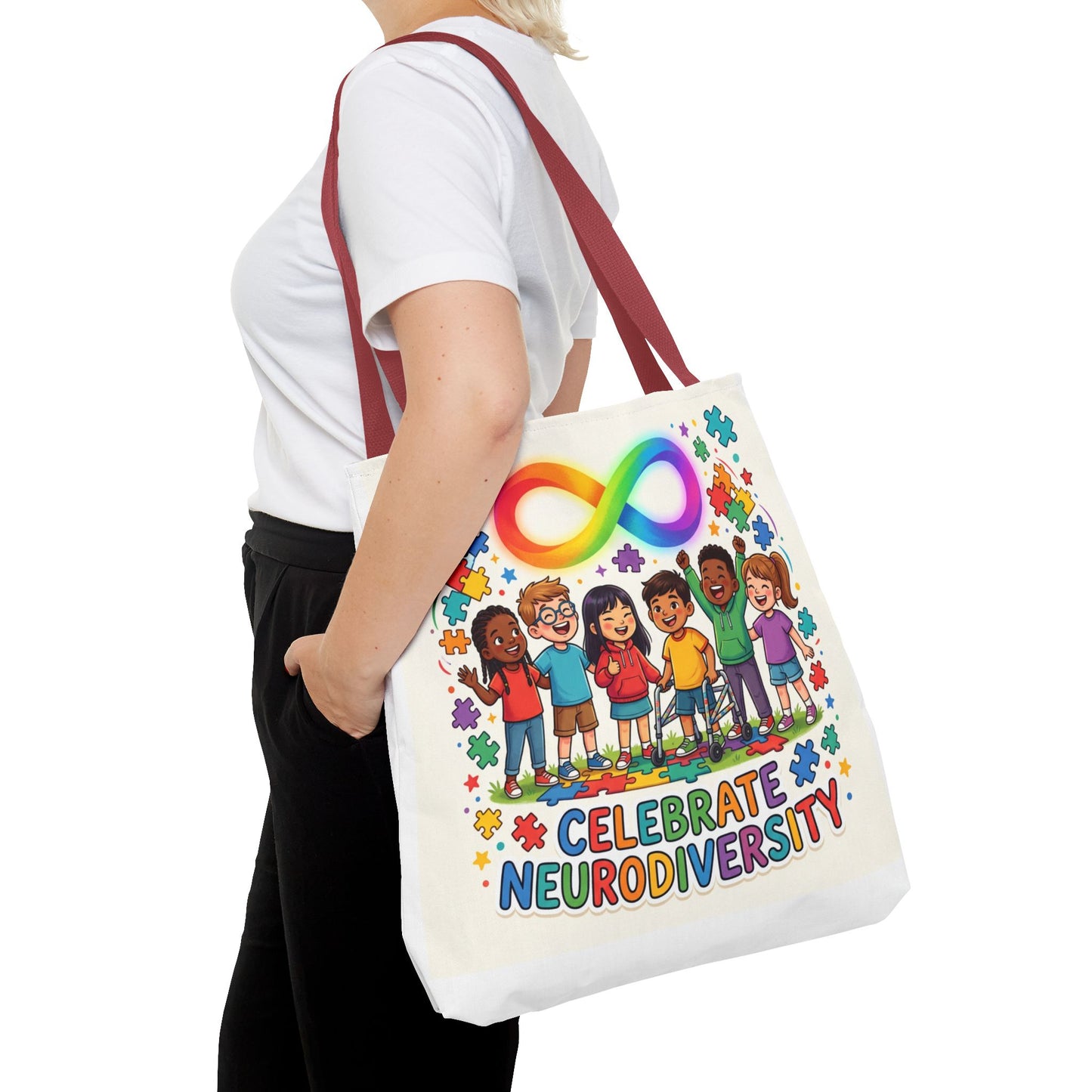 Celebrate Neurodiversity Tote Bag — Rainbow Infinity Symbol & Kids Design