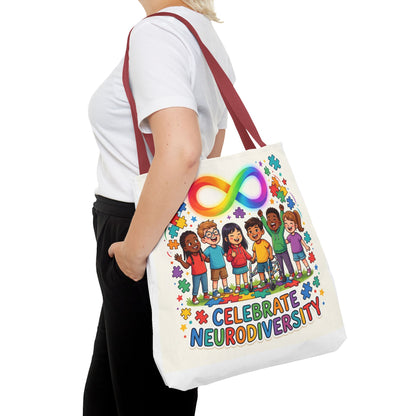Celebrate Neurodiversity Tote Bag — Rainbow Infinity Symbol & Kids Design