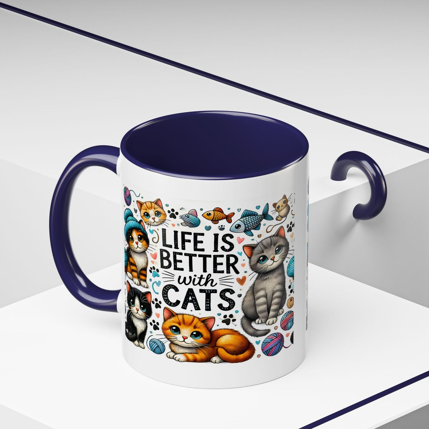 Life Is Better With Cats Accent Coffee Mug – Cute Kitten Ceramic Tea Cup (11/15oz)
