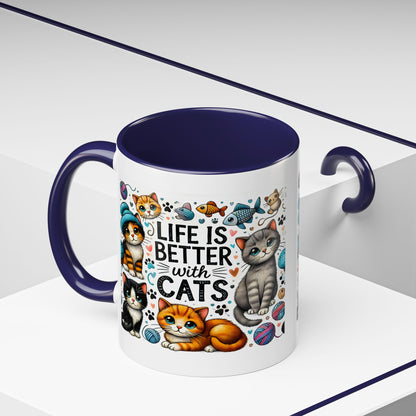 Life Is Better With Cats Accent Coffee Mug – Cute Kitten Ceramic Tea Cup (11/15oz)