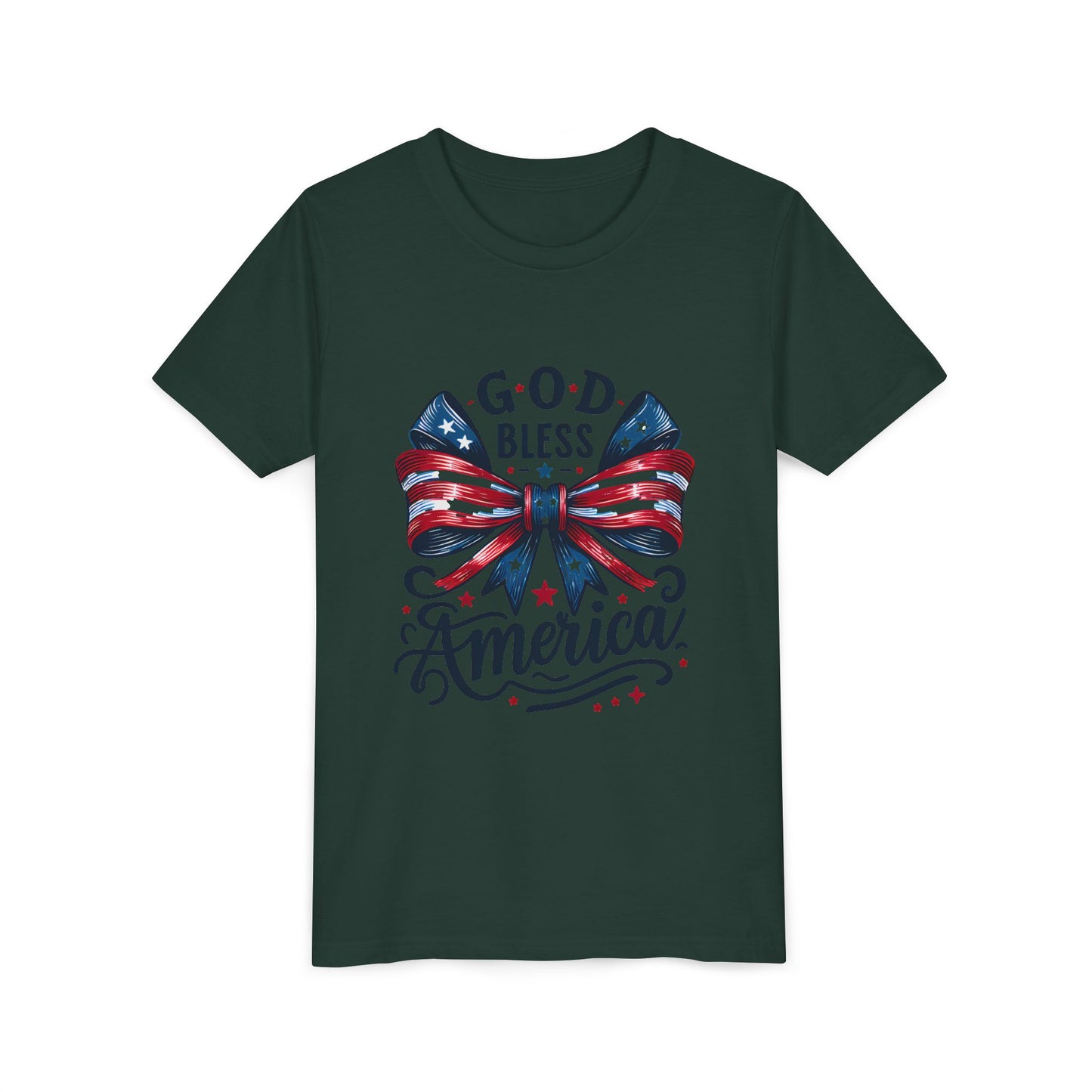 Youth Tee — "God Bless America" Patriotic Bow T-Shirt (4th of July, Memorial Day)