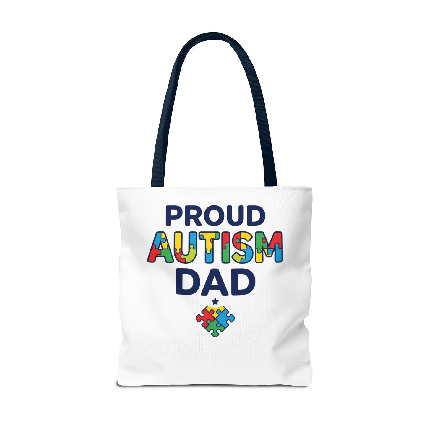 Proud Autism Dad Tote Bag — Colorful Puzzle-Heart Support Gift