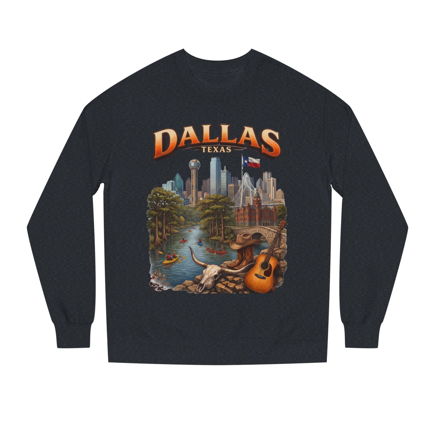 Dallas Skyline Crewneck Sweatshirt — Texas Cityscape & Acoustic Guitar Design