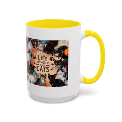 Cat Lover Accent Coffee Mug — “Life Is Better With Cats” 11/15oz