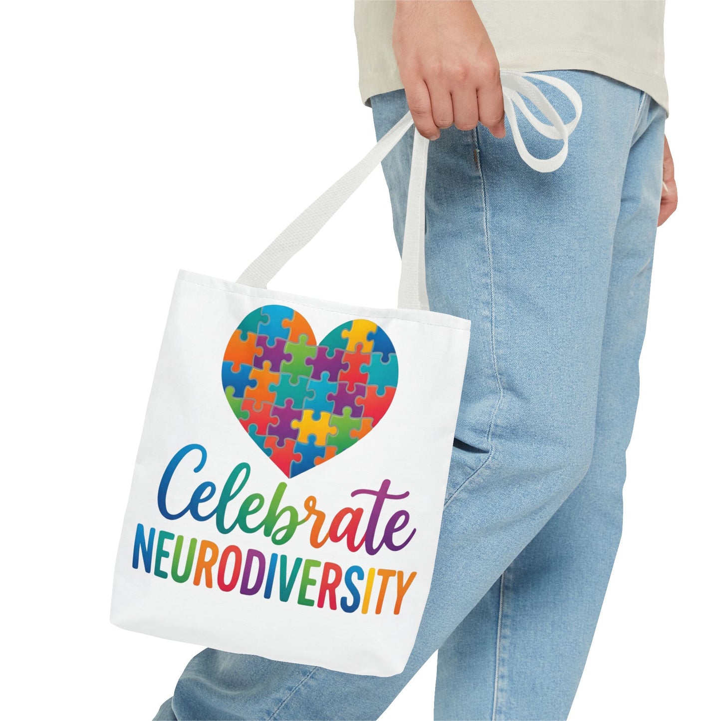 Celebrate Neurodiversity Tote Bag – Rainbow Puzzle Heart Awareness Tote