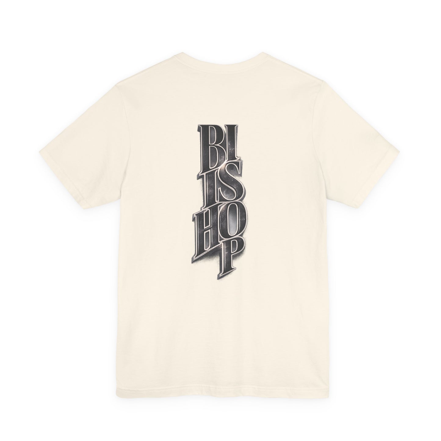 Bishop Vertical Script Tee — Vintage Gothic Lettering T-Shirt