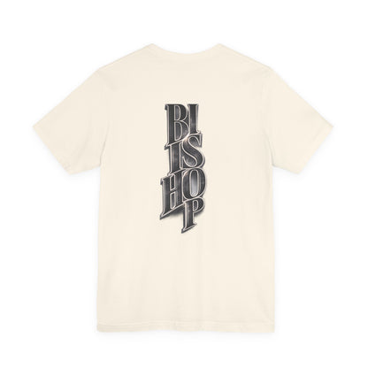Bishop Vertical Script Tee — Vintage Gothic Lettering T-Shirt