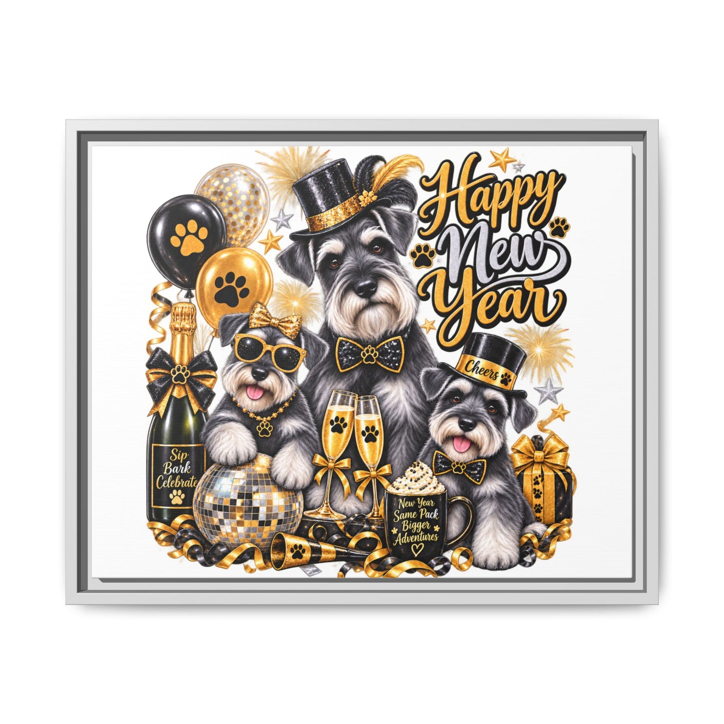 Happy New Year Schnauzer Holiday Canvas Print — Framed Matte Wall Art