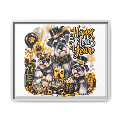 Happy New Year Schnauzer Holiday Canvas Print — Framed Matte Wall Art