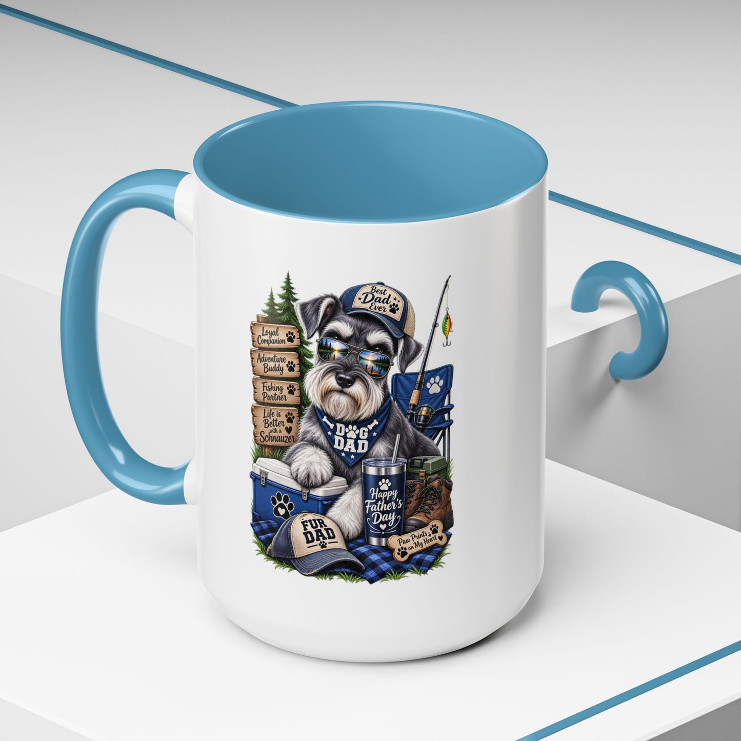 Schnauzer Dad Accent Coffee Mug – "Dog Dad" Camping Paw Print Design (11/15oz)