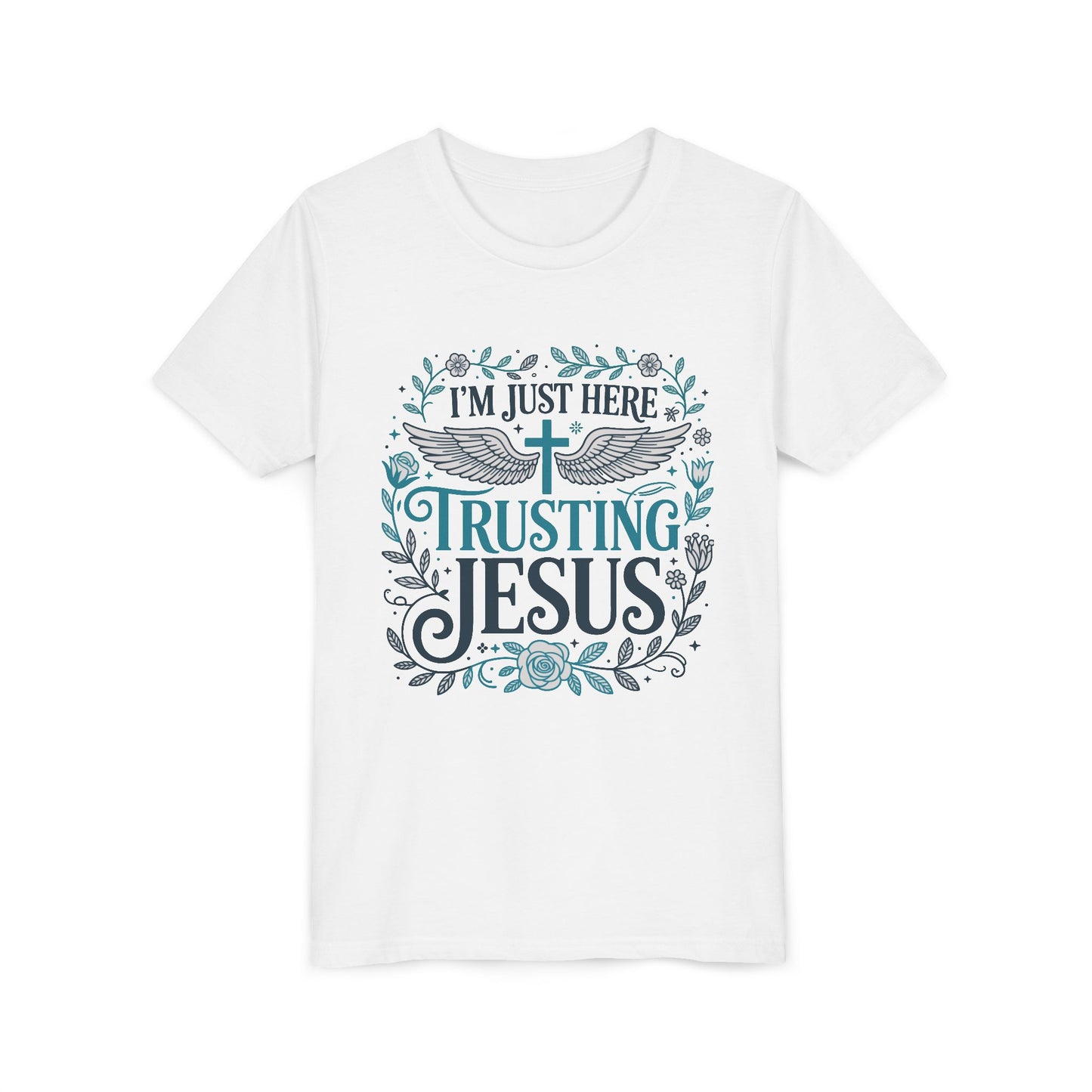 Trusting Jesus Youth Tee — "I'm Just Here Trusting Jesus" Christian Kids T‑Shirt