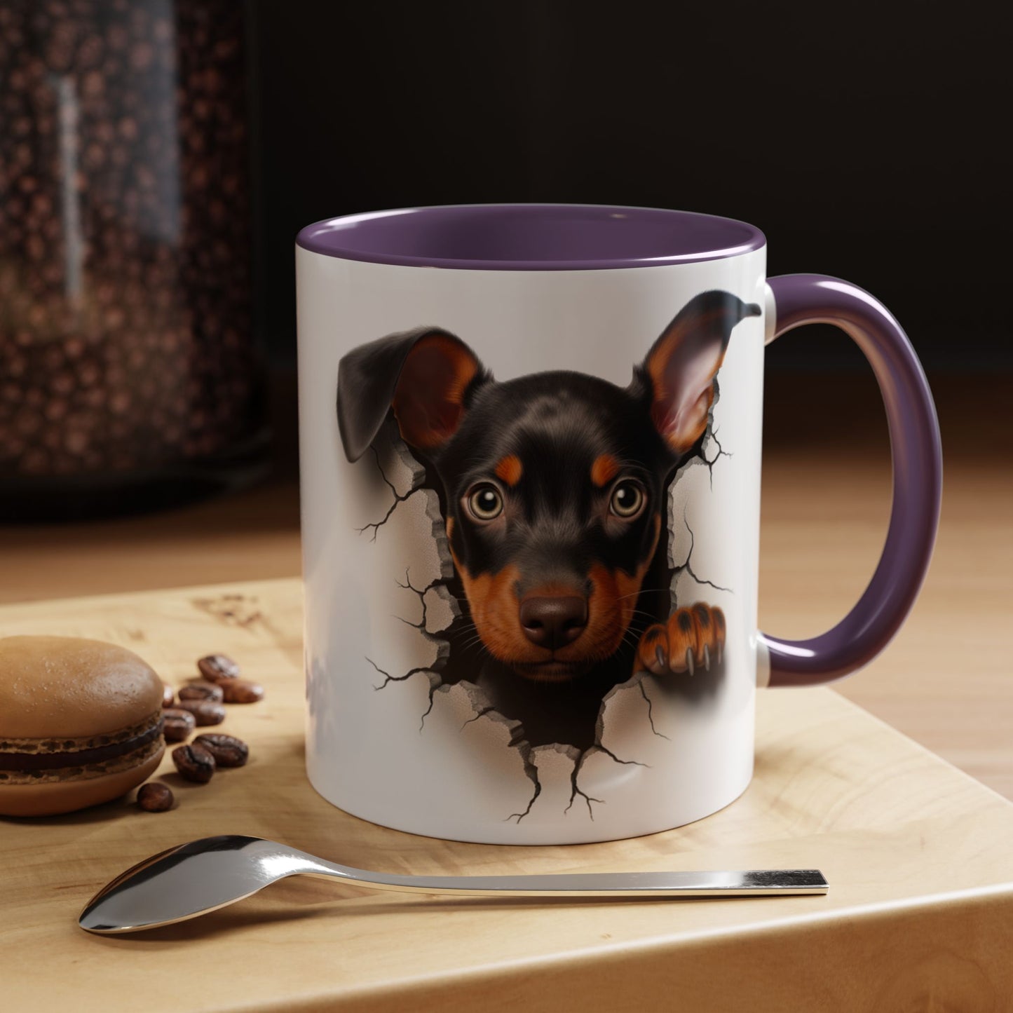 Dachshund Puppy Peek Coffee Mug – Accent Black Interior/Handle, Cute Dog Crack Design (11/15 oz)