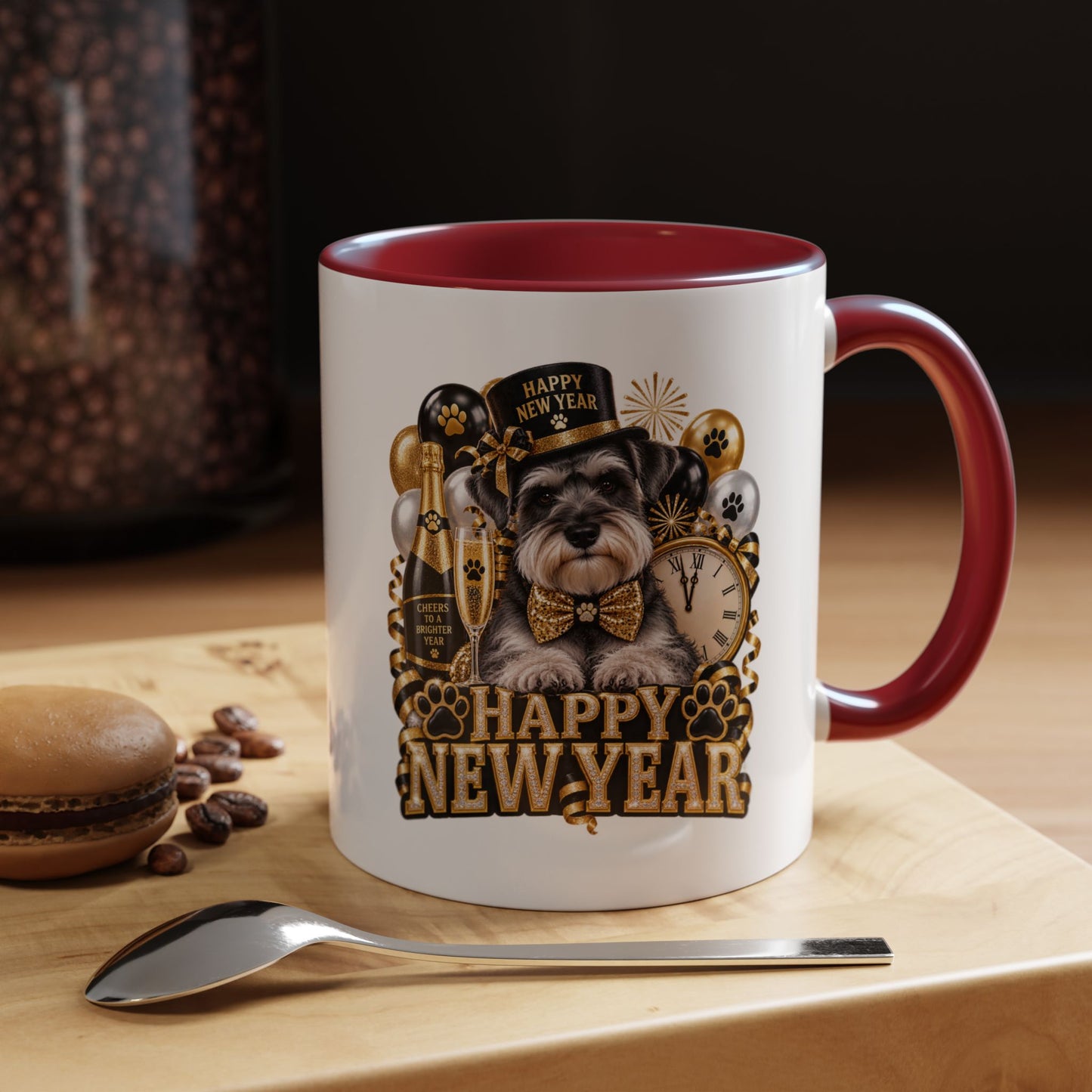 Happy New Year Dog Coffee Mug — Festive Black & Gold 11/15oz Accent Mug