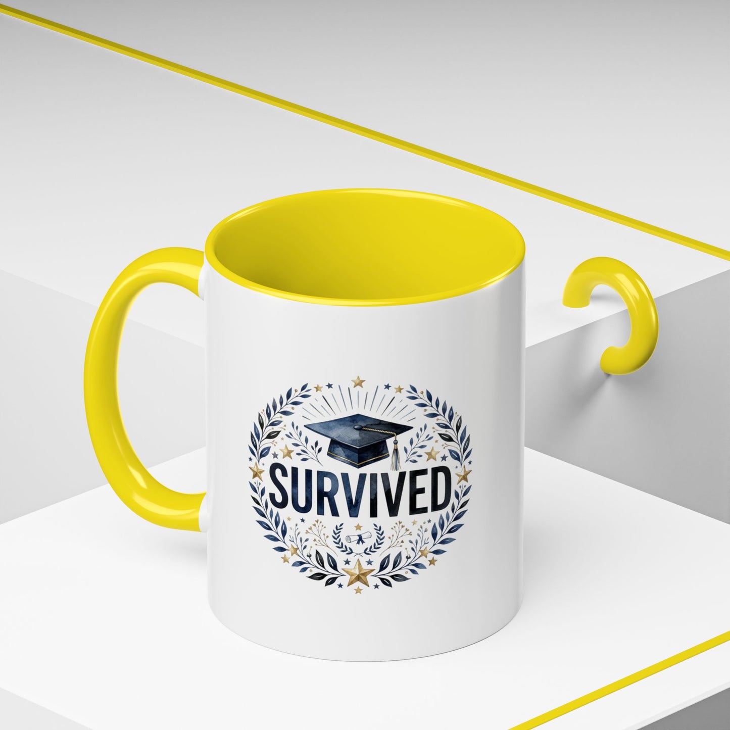 Survived Graduation Coffee Mug — Floral Laurel Grad Cap Accent Mug (11/15oz)