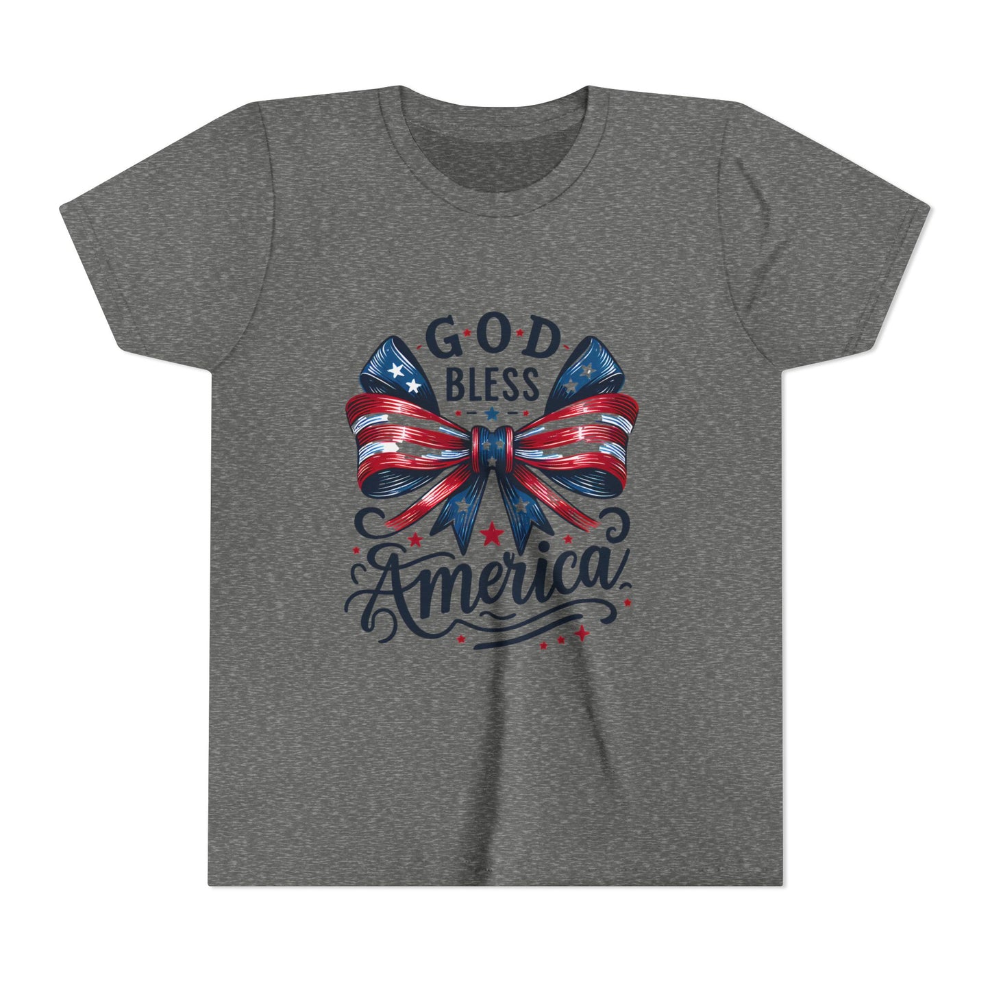 Youth Tee — "God Bless America" Patriotic Bow T-Shirt (4th of July, Memorial Day)