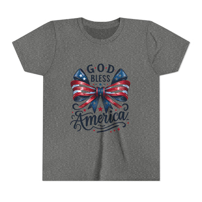 Youth Tee — "God Bless America" Patriotic Bow T-Shirt (4th of July, Memorial Day)