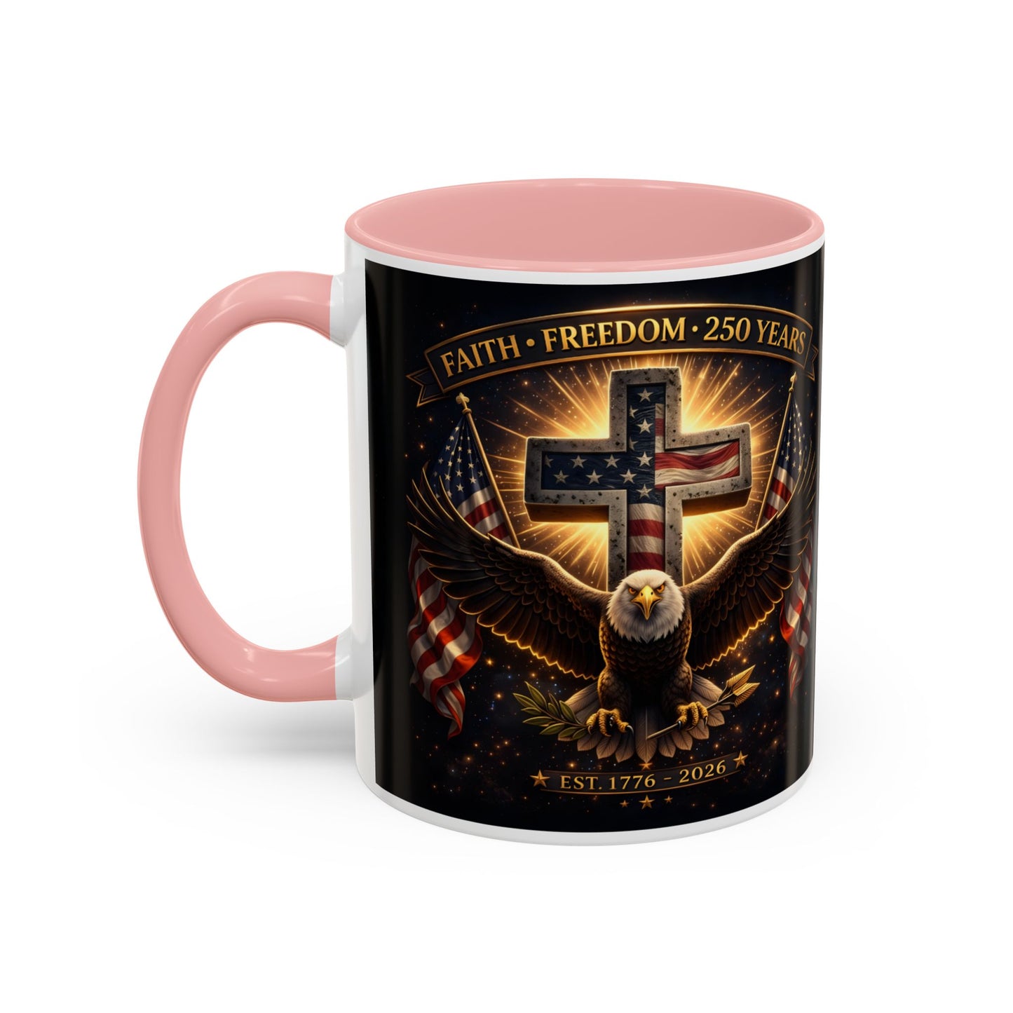 Patriotic Faith & Freedom Accent Coffee Mug — Eagle, Cross & American Flag (1776–2026)