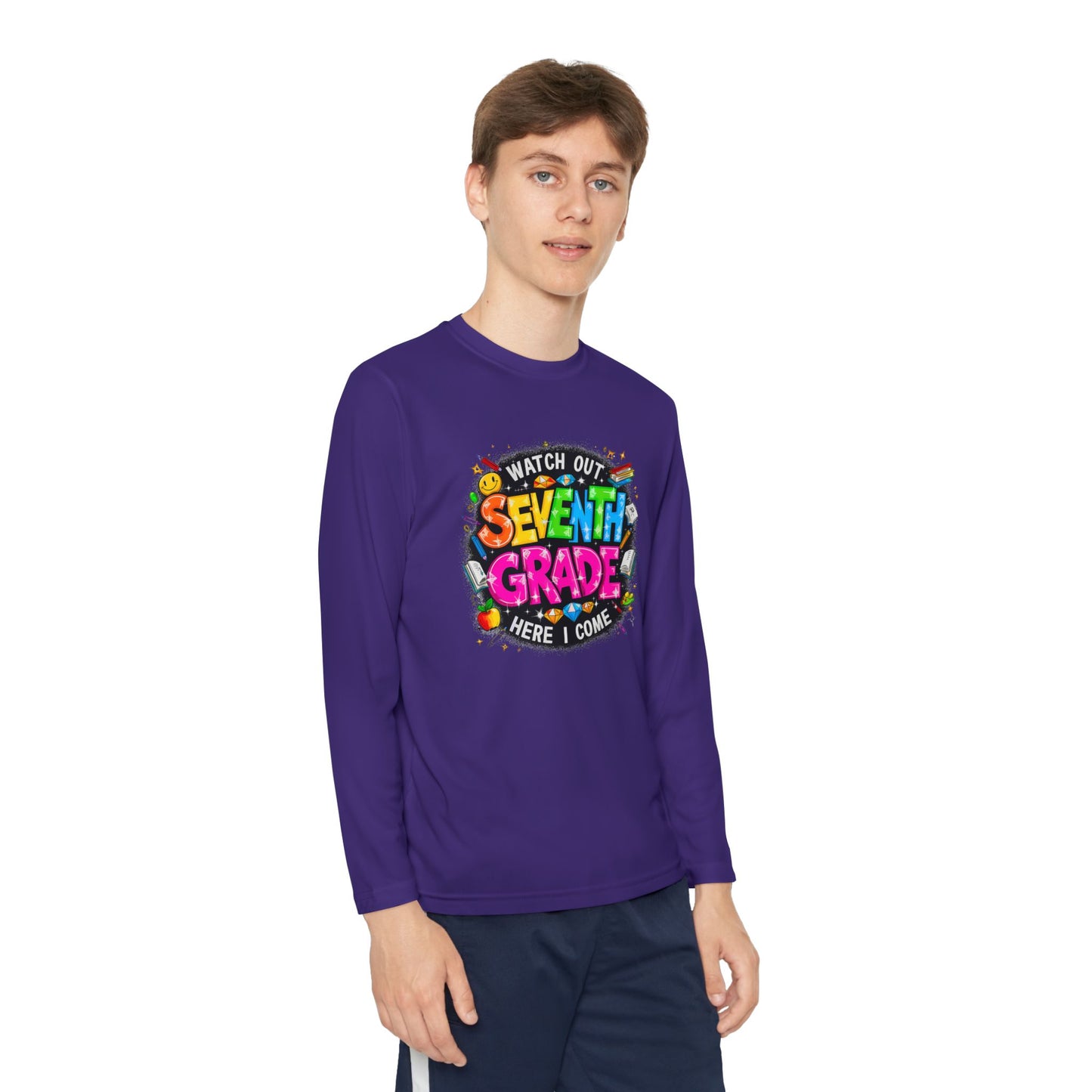 Seventh Grade Kids Long Sleeve Tee — "Watch Out… Here I Come" Back-to-School Shirt